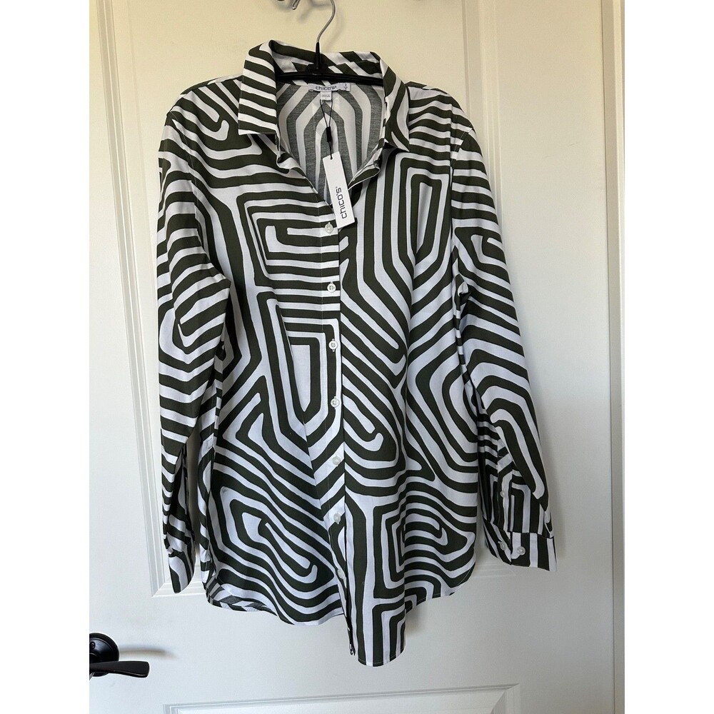 Chico's No-Iron Stretch Tunic Olive Ripple Shirt Chico’s 2 (Large / US 12) NWT